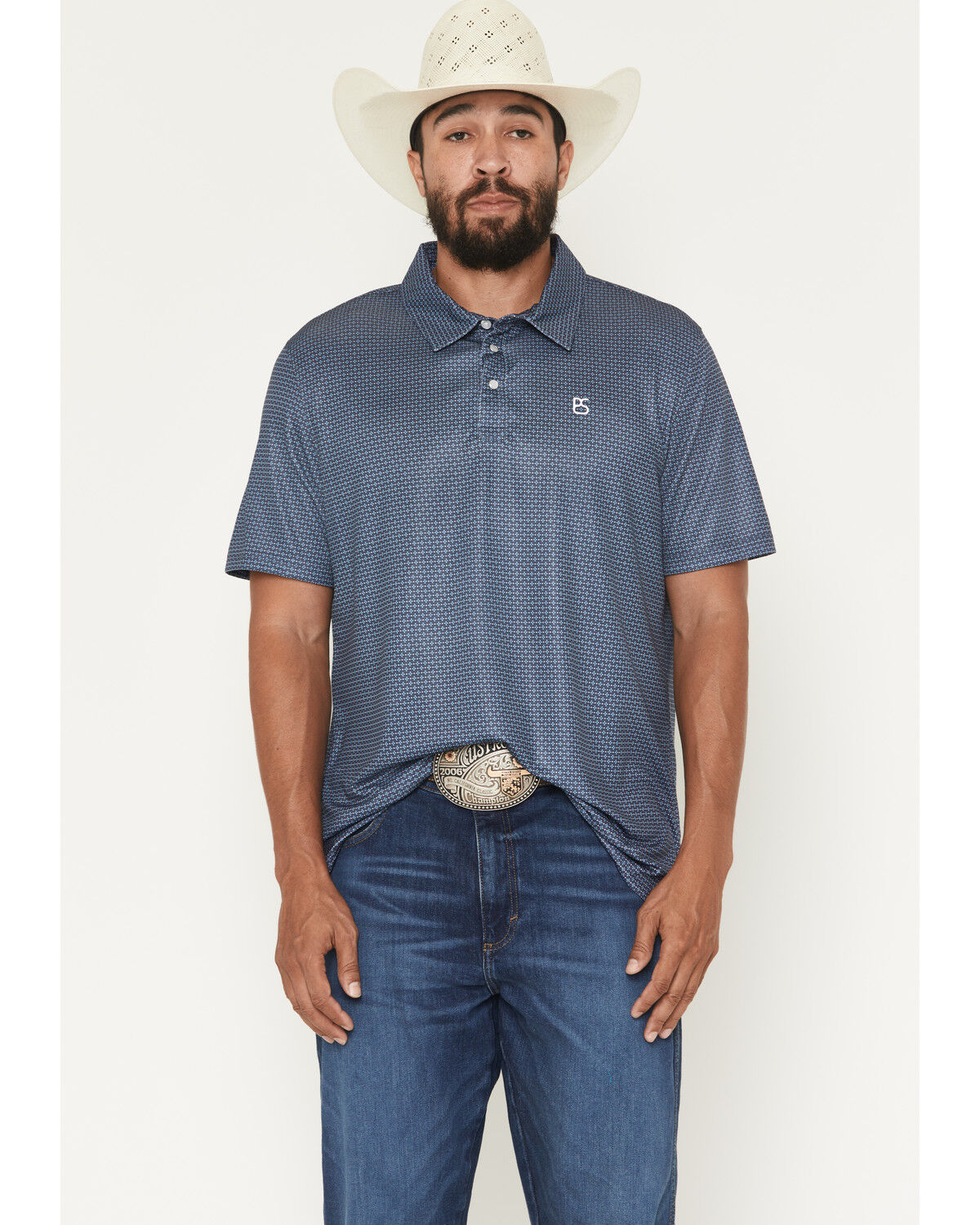 Panhandle Slim Men's Geo Print Short Sleeve Snap Polo Shirt, Navy, hi-res