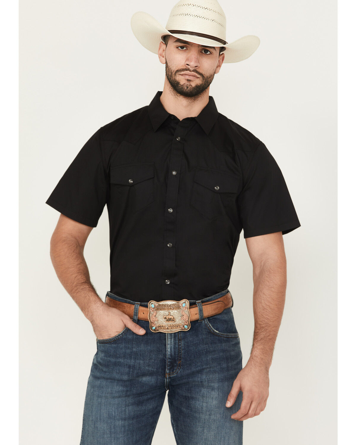 Gibson Men's Solid Short Sleeve Western Shirt - Tall, Black, hi-res