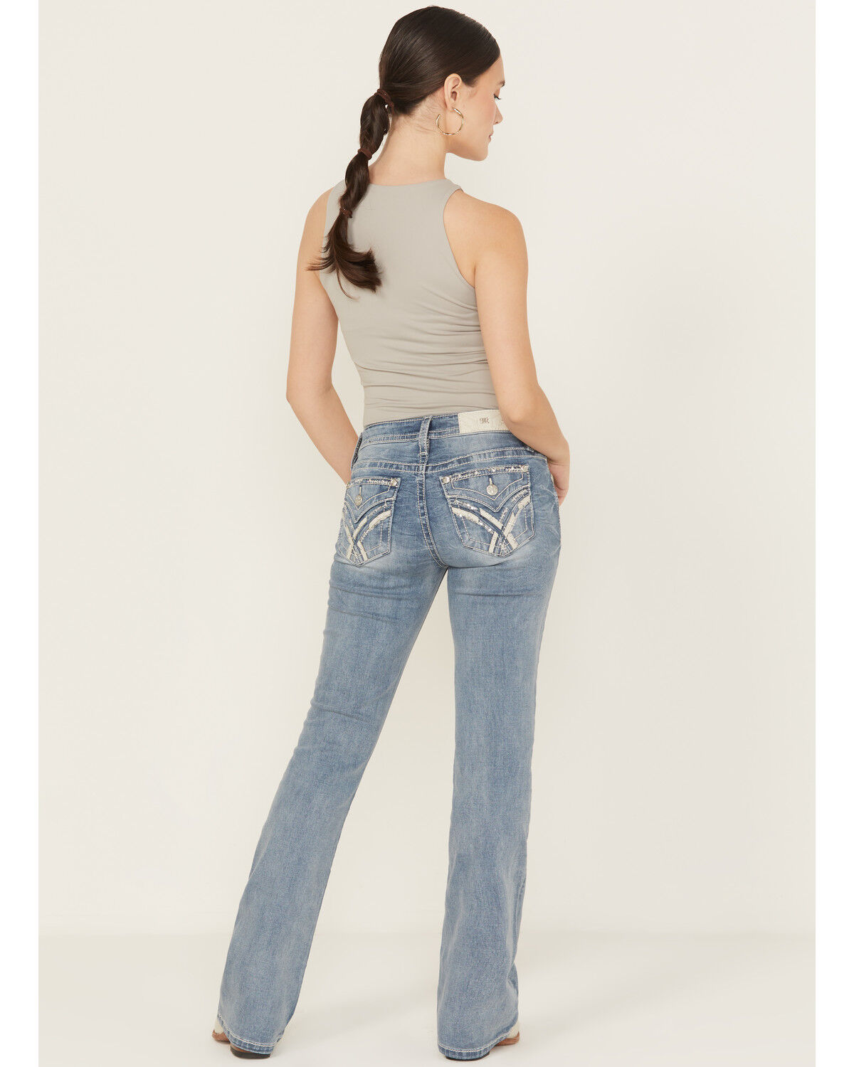 Image #1 - Miss Me Women's Medium Wash Mid Rise 34" Bootcut Stretch Denim Jeans, Medium Wash, hi-res