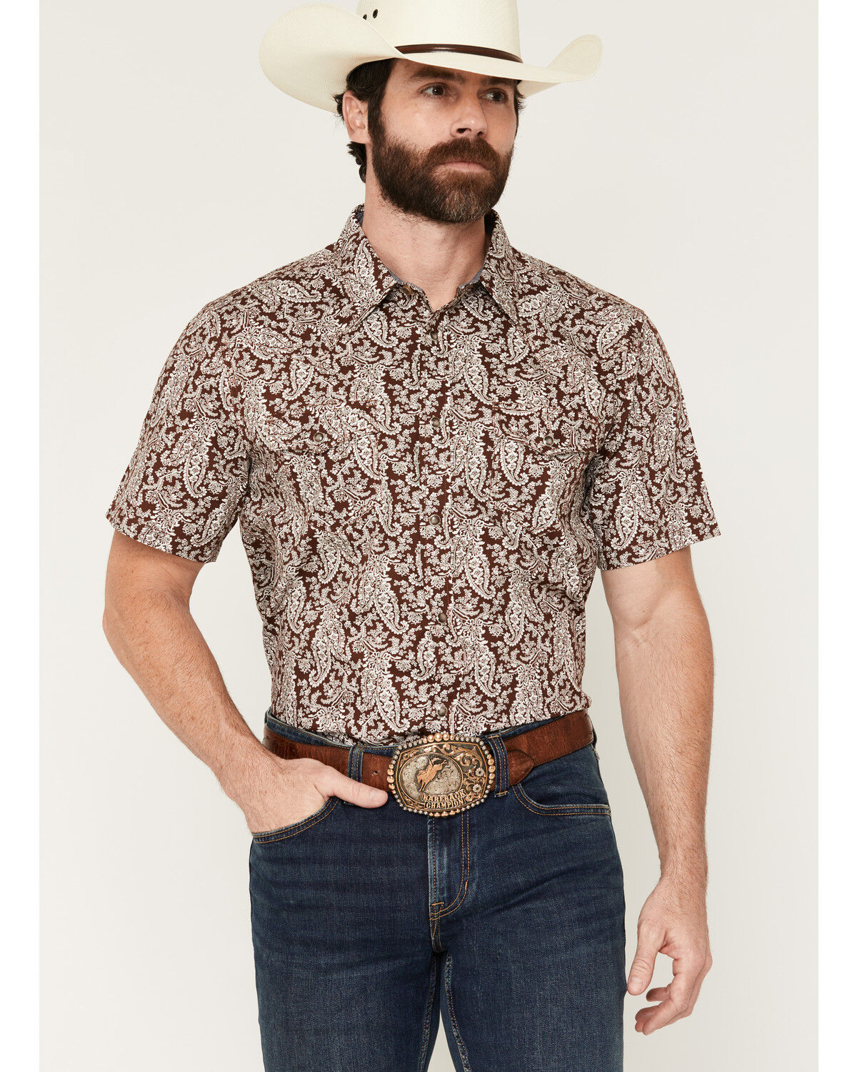 Cody James Men's Rusted Gate Paisley Print Short Sleeve Snap Western Shirt, Brown, hi-res