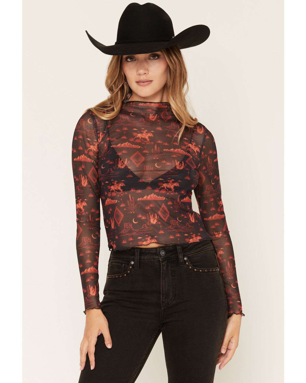 Image #1 - Rock & Roll Denim Women's Icon Long Sleeve Mesh Top, Black, hi-res