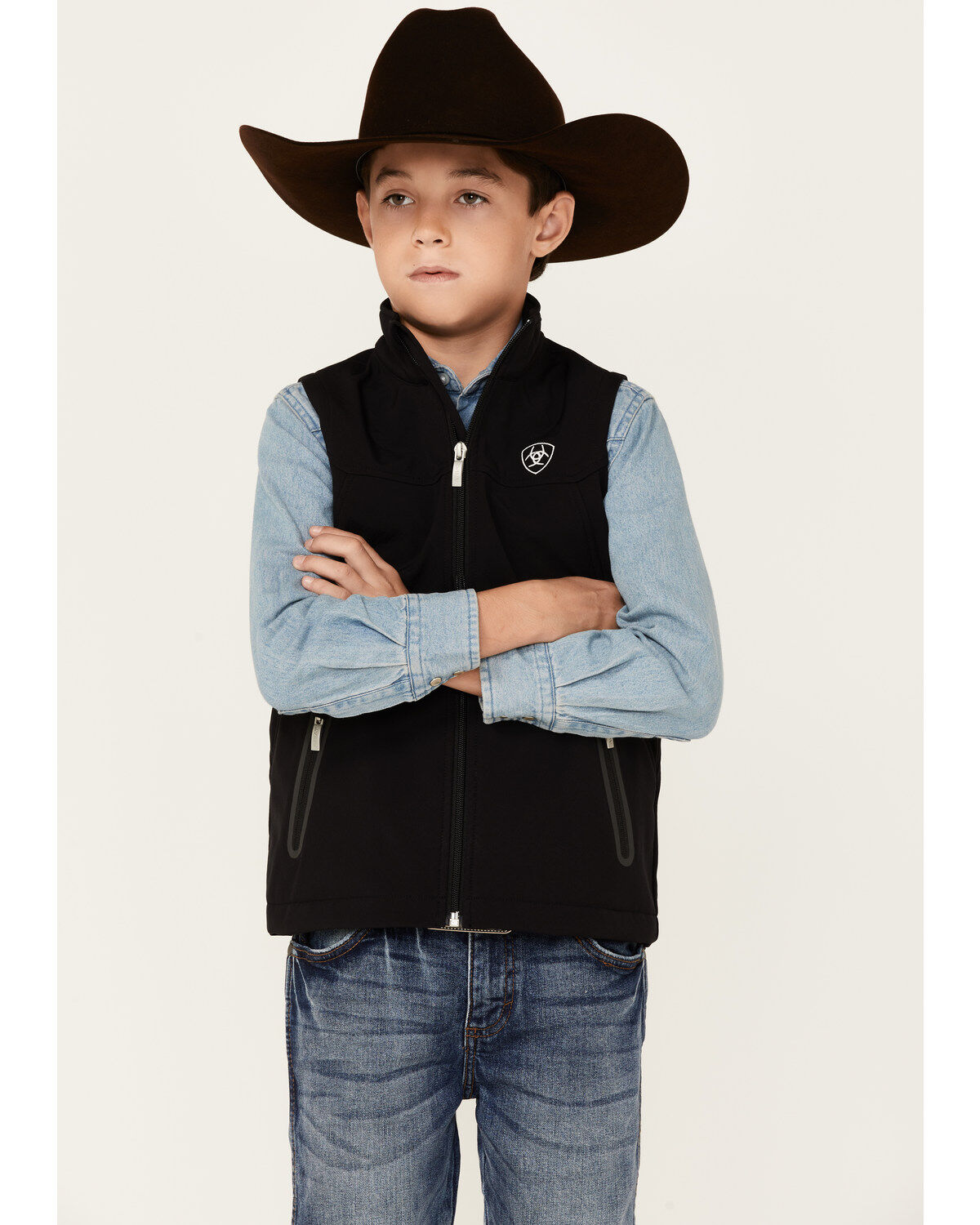 Ariat Boys' Solid Black New Team Softshell Zip-Front Vest, Black, hi-res