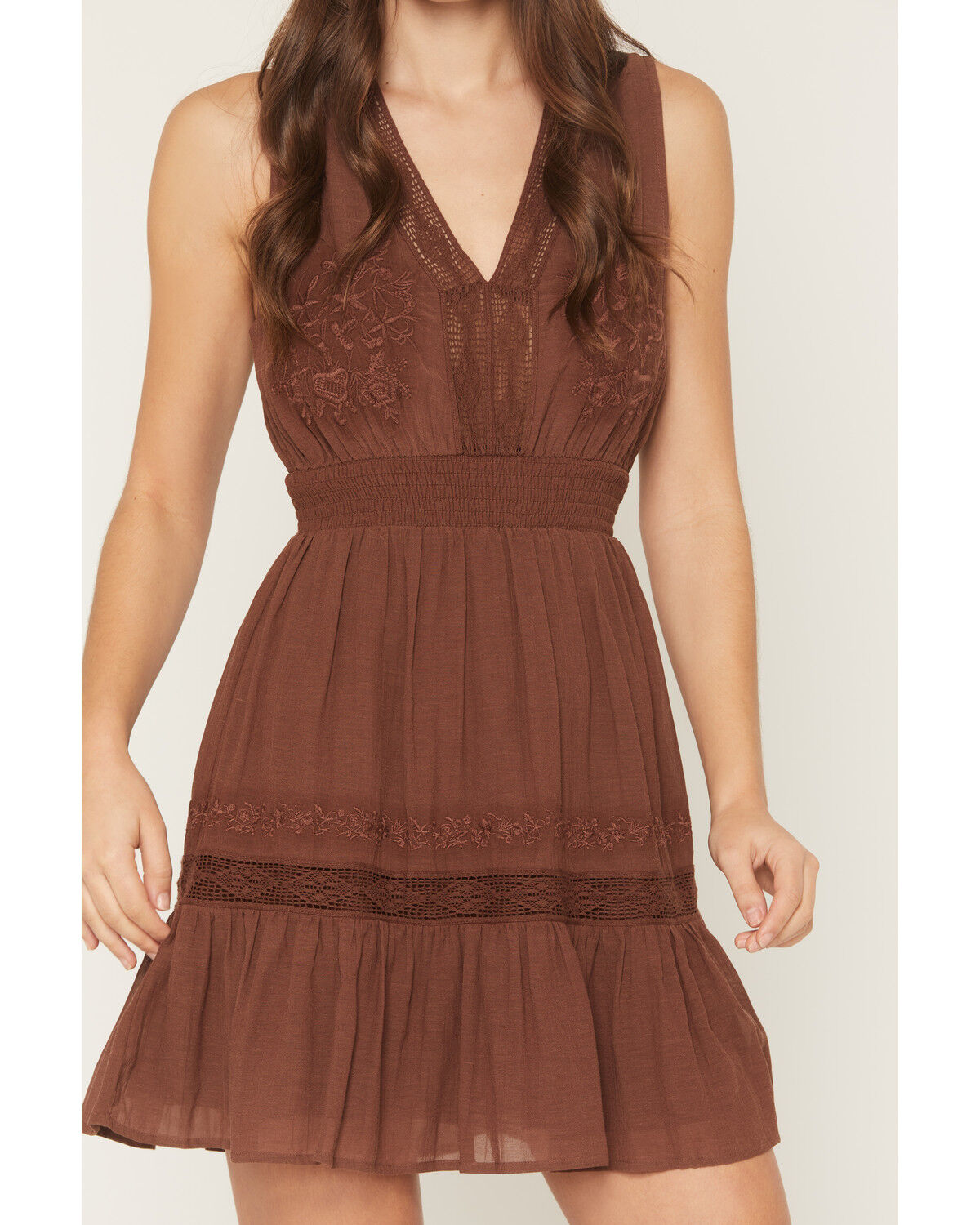 Image #5 - Shyanne Women's Embroidered Smocked Waist Mini Dress, Chocolate, hi-res