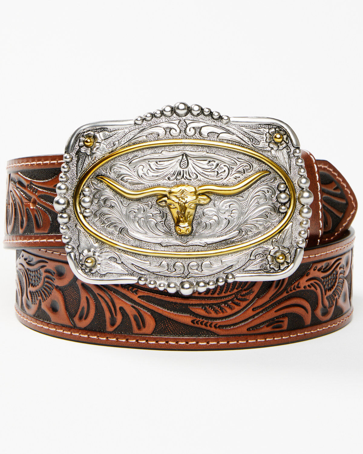 Cody James Men's Tooled Longhorn Buckle Belt, Tan, hi-res