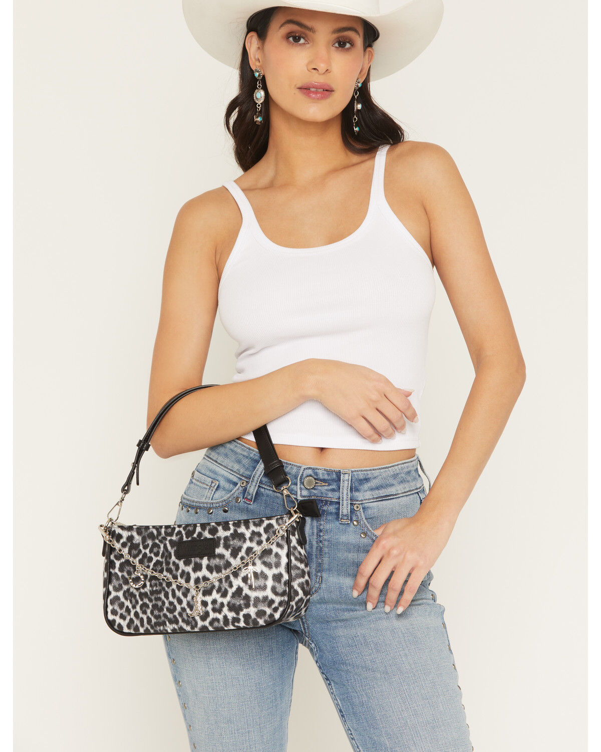 Wrangler Women's Boot Barn Exclusive Leopard Print Shoulder Bag with Chain, Black, hi-res
