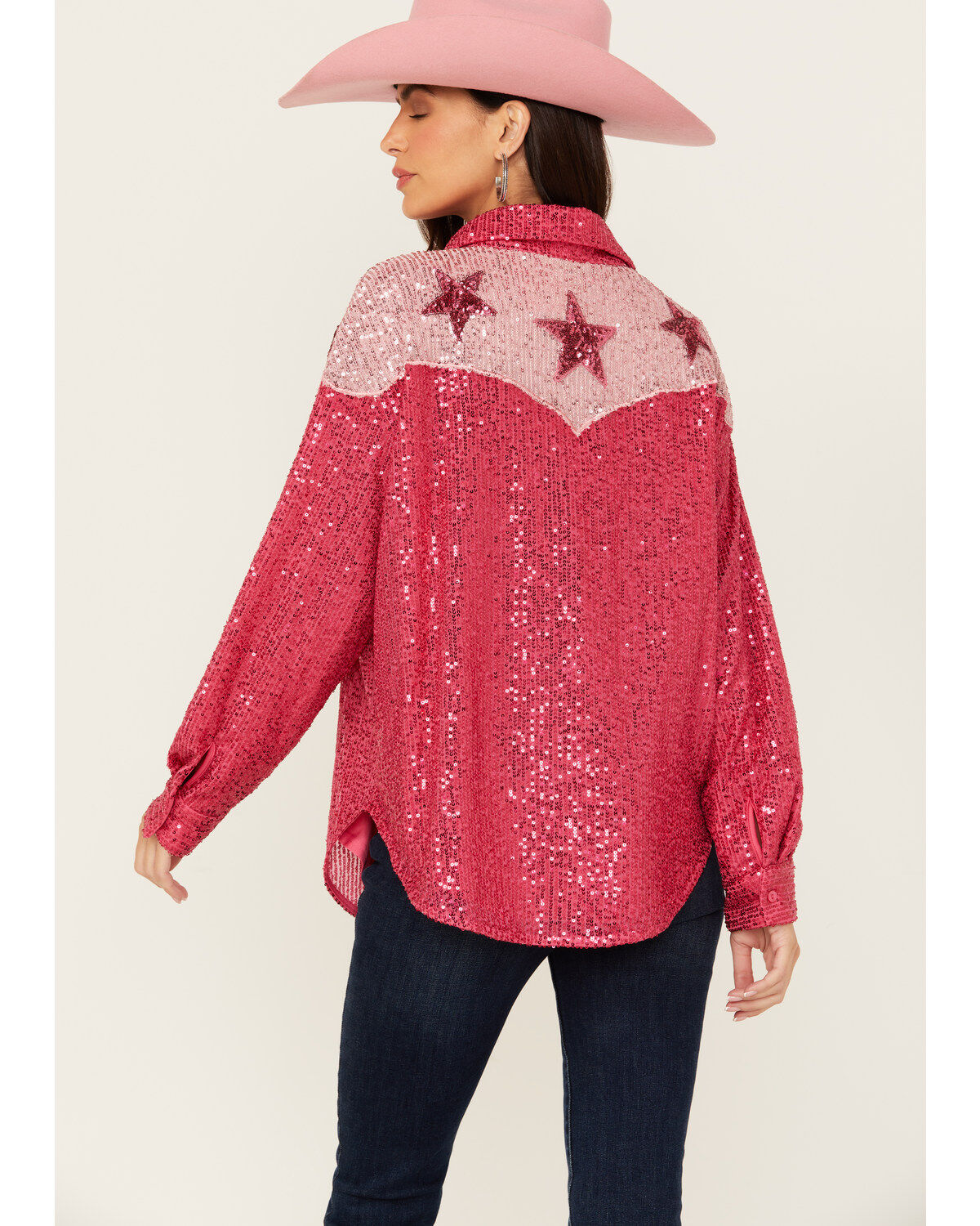Image #4 - Mainstrip Women's Star Sequins Long Sleeve Button-Down Western Top, Pink, hi-res