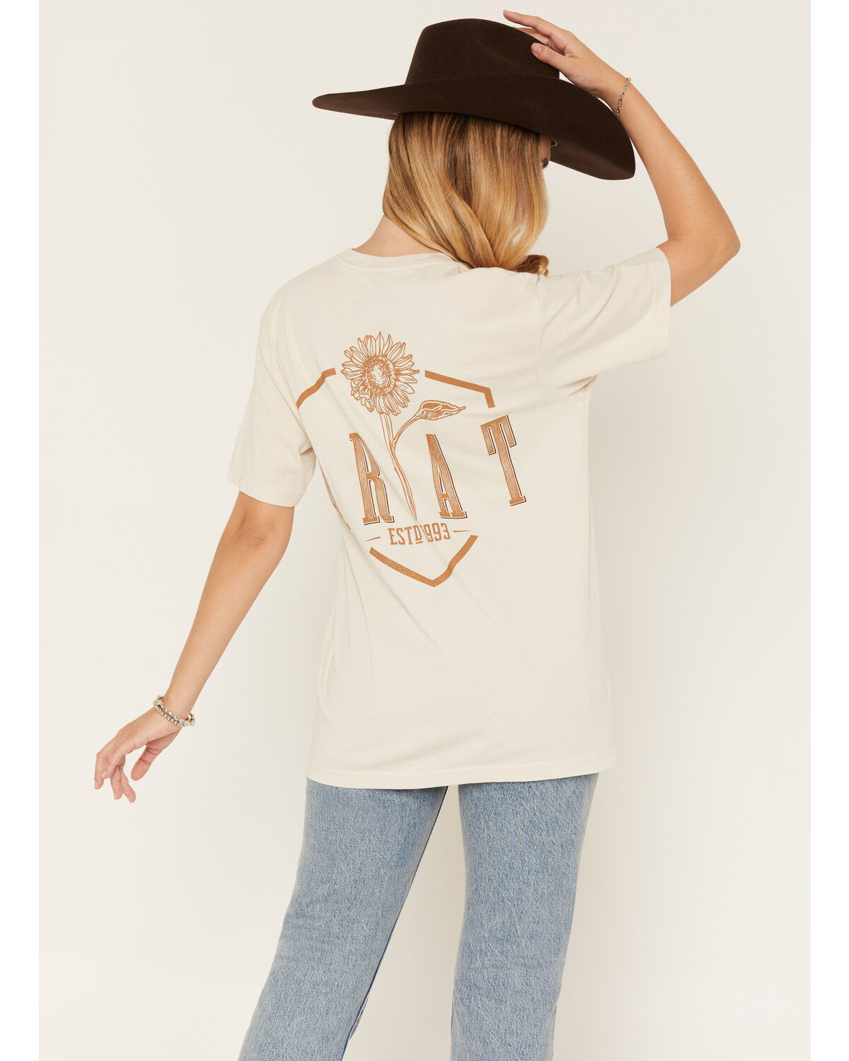 Image #1 - Ariat Women's Boot Barn Exclusive Sunflower Logo Short Sleeve Graphic Tee, Beige, hi-res