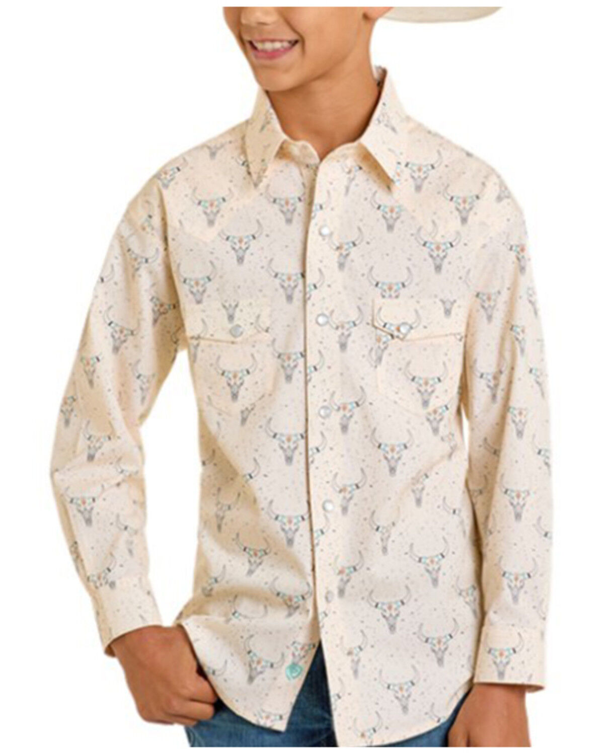 Rock & Roll Denim Boys' Longhorn Print Long Sleeve Snap Western Shirt, Tan, hi-res