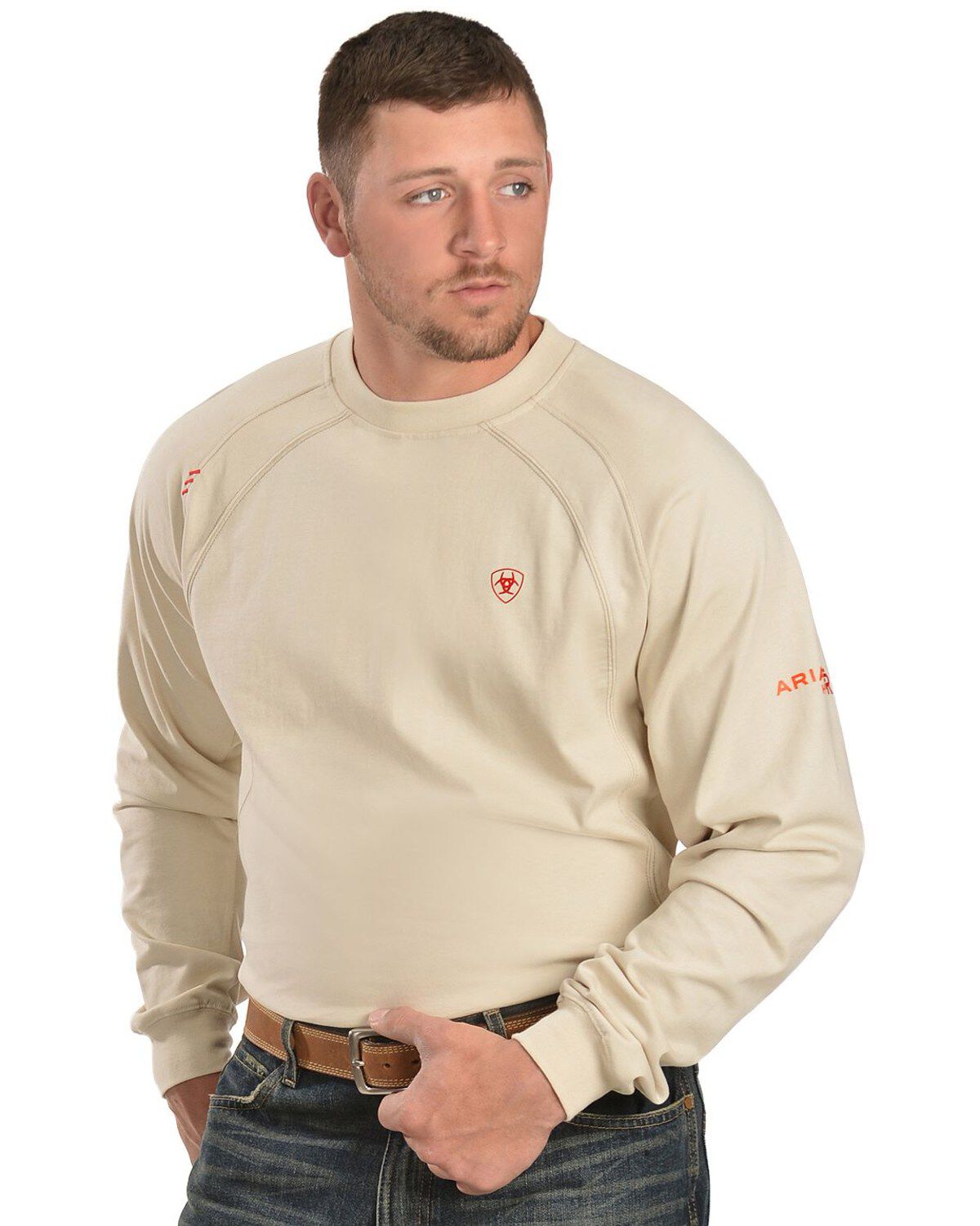 Image #1 - Ariat Men's Knit Fire Resistant Work Crew Long Sleeve, Sand, hi-res