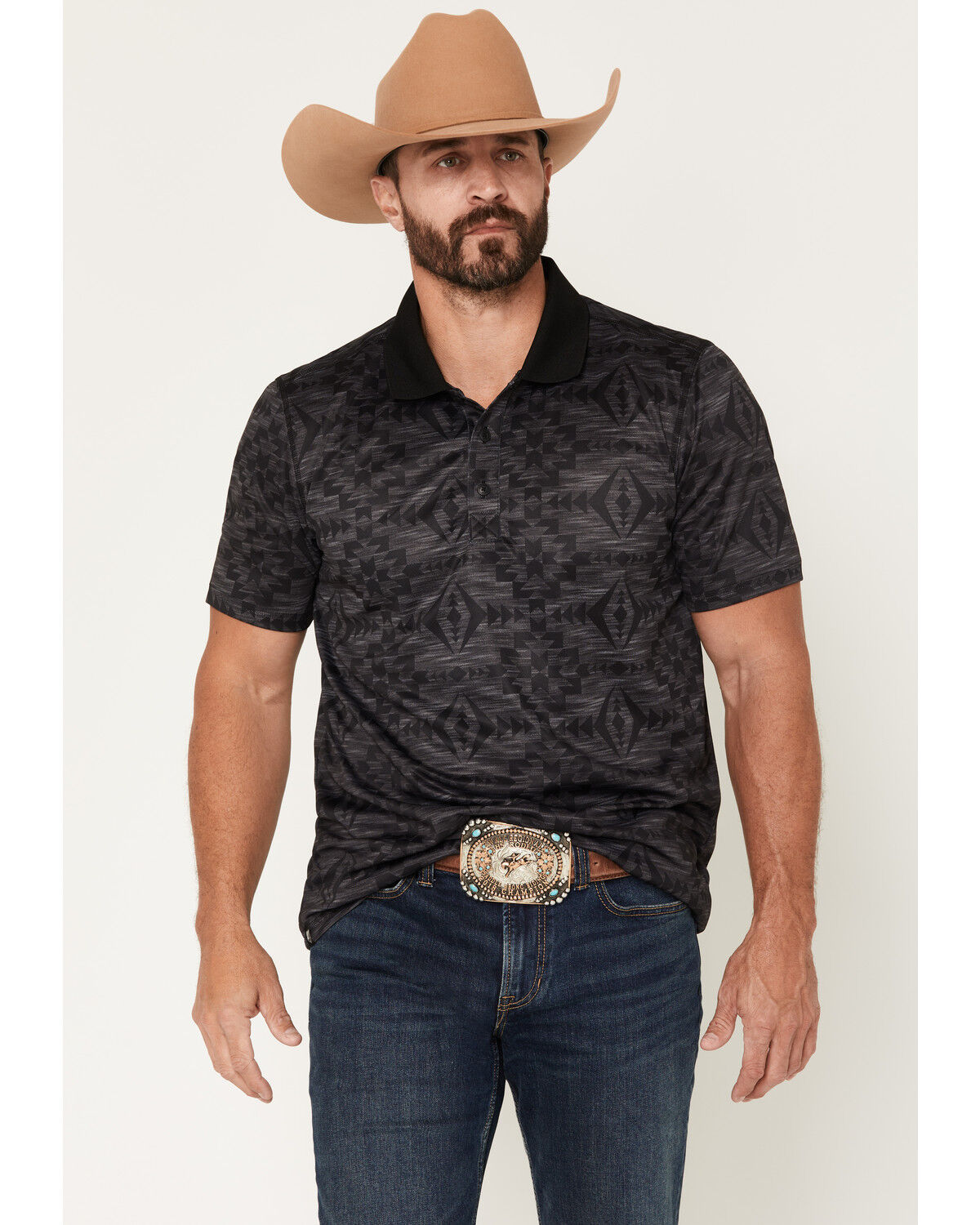 RANK 45&reg; Men's Tonal Southwestern Print Short Sleeve Button-Down Polo Shirt, Charcoal, hi-res
