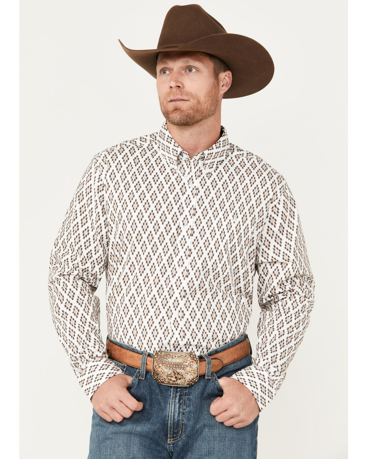 Image #1 - RANK 45&reg; Men's Catfish Southwestern Geo Print Long Sleeve Button-Down Stretch Western Shirt, Coffee, hi-res