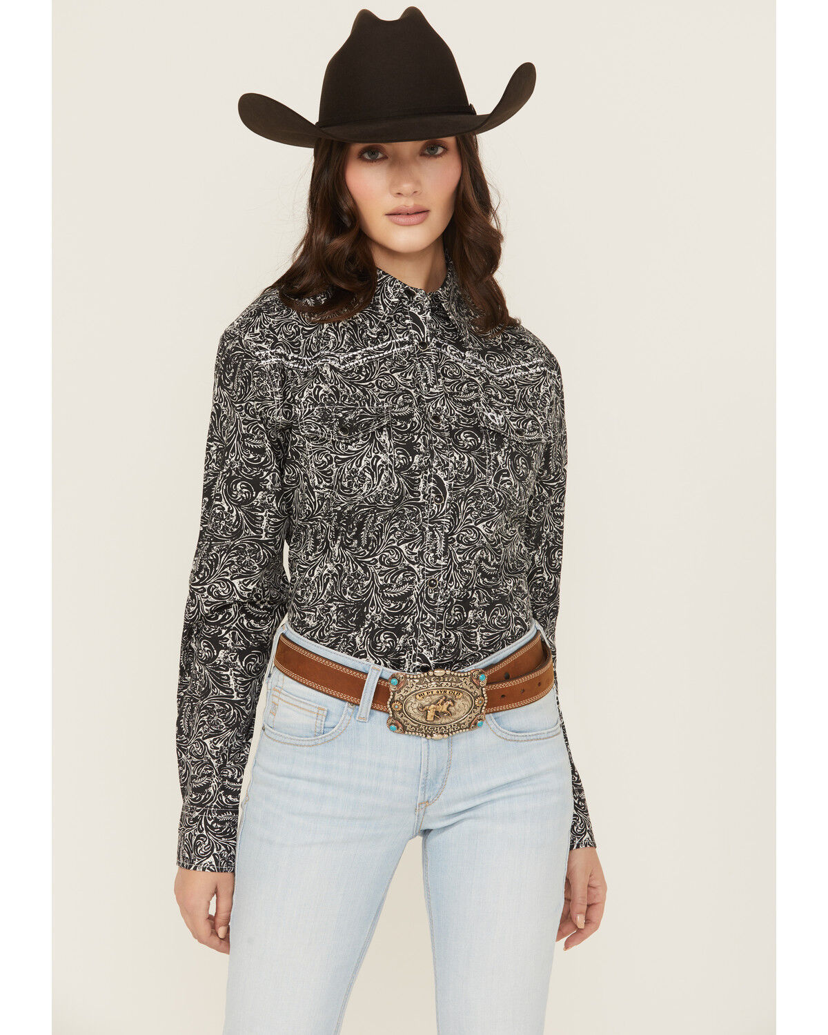 Image #1 - Cowgirl Hardware Women's Scroll Print Long Sleeve Snap Stretch Western Shirt, Black, hi-res