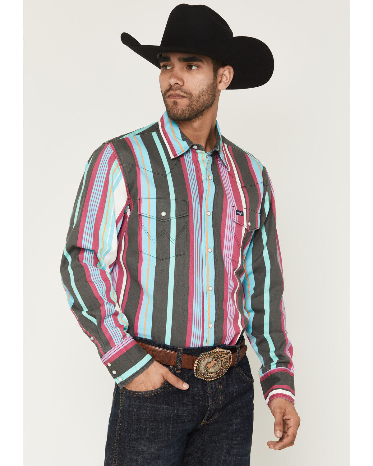 Image #1 - Wrangler Men's Brushpopper Denim Striped Long Sleeve Snap Western Shirt, Multi, hi-res