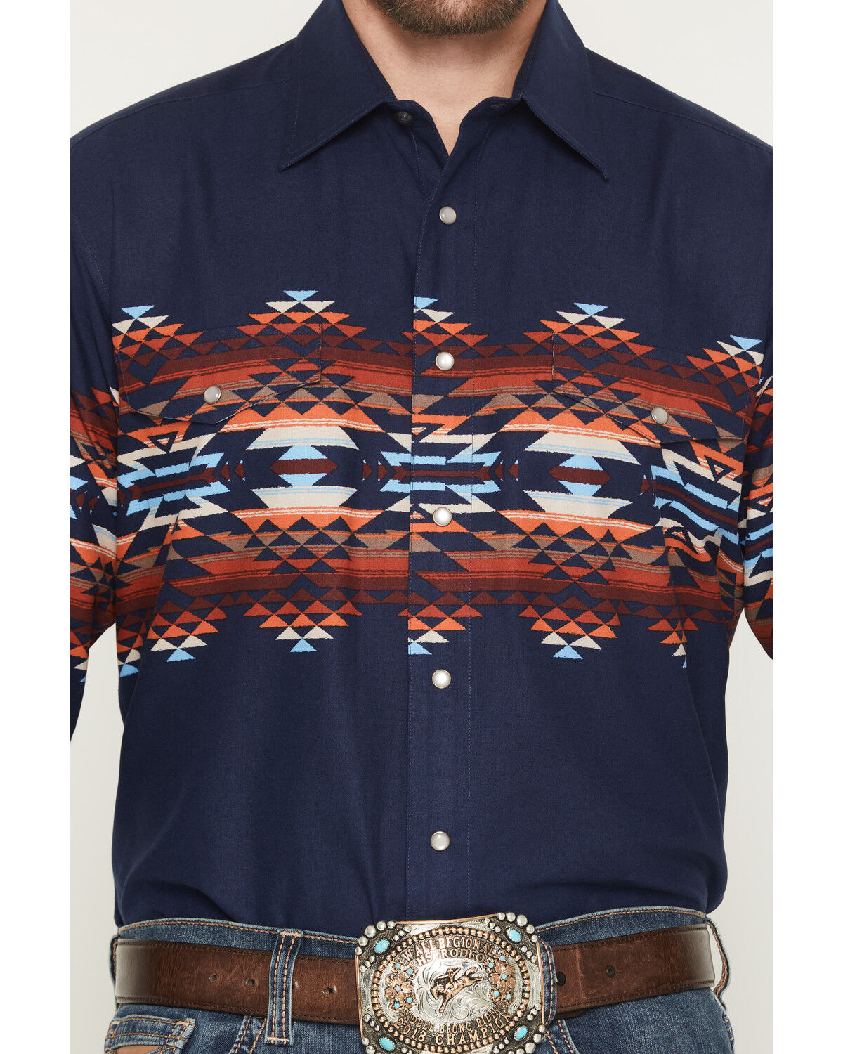 Image #3 - Panhandle Slim Men's Southwestern Border Print Long Sleeve Pearl Snap Western Shirt, Navy, hi-res