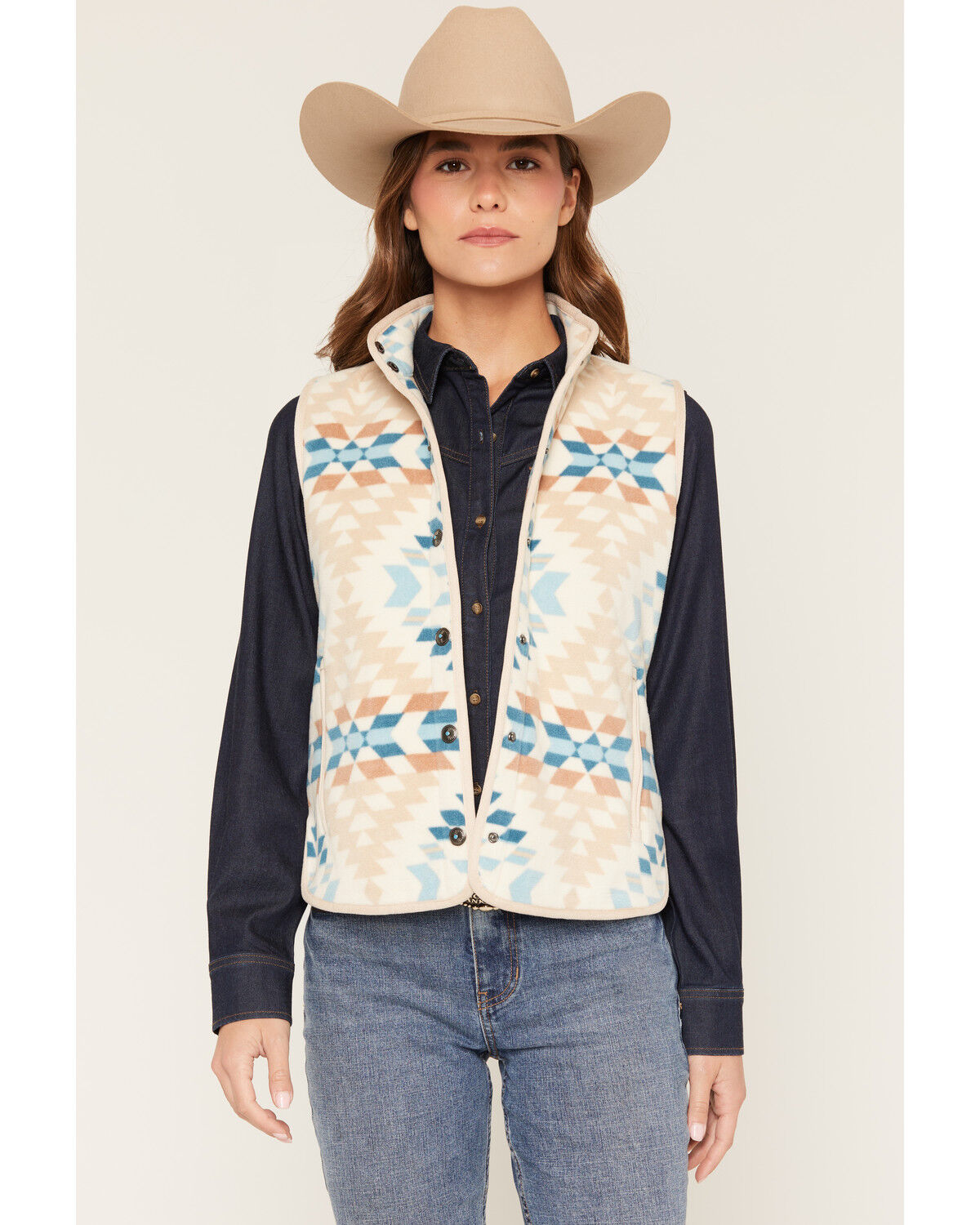 Image #1 - Shyanne Women's Southwestern Print Polar Fleece Vest, Khaki, hi-res
