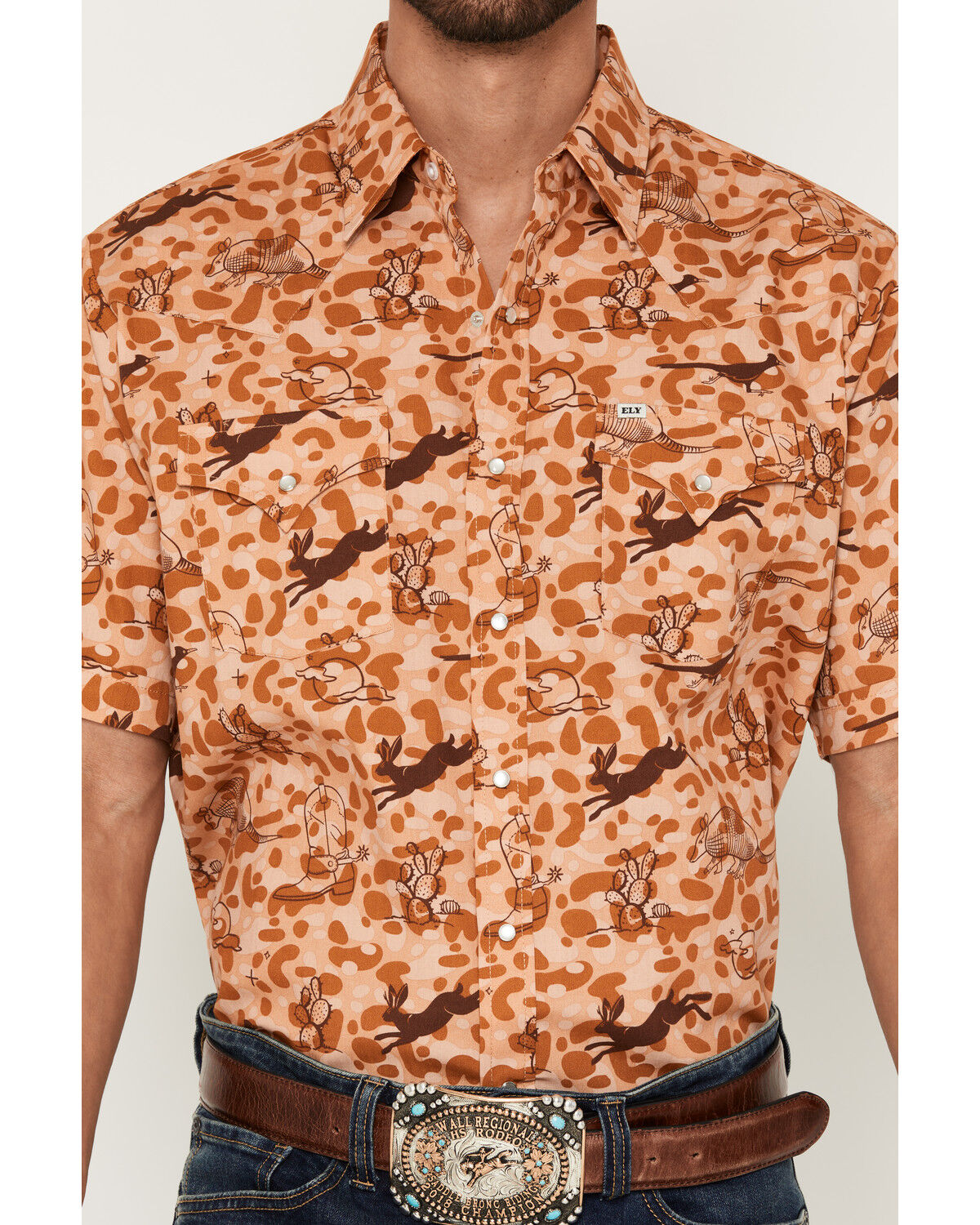Image #3 - Ely Walker Men's Desert Camo Print Short Sleeve Pearl Snap Western Shirt, Tan, hi-res