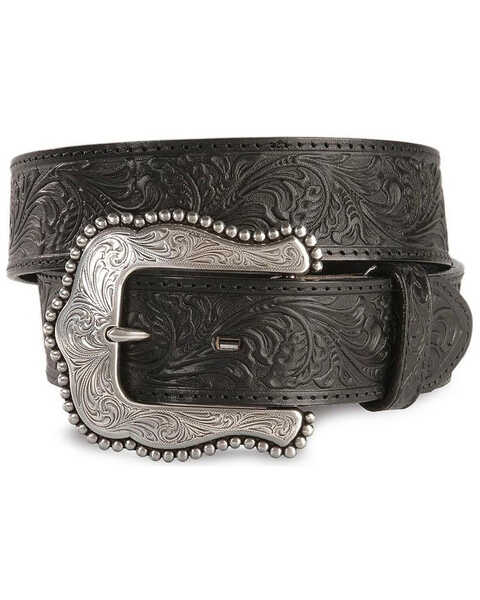 Image #1 - Tony Lama Floral Embossed Leather Belt, Black, hi-res