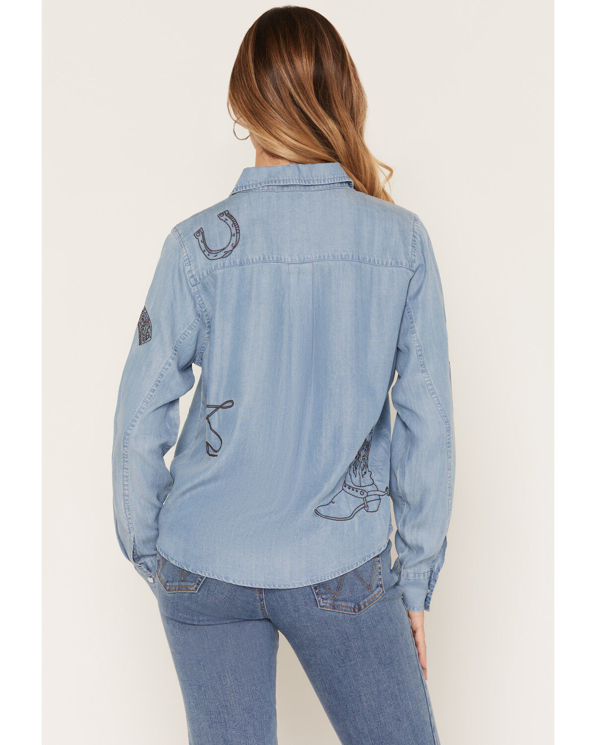 Image #4 - Blue B Women's Light Wash Western Embroidered Long Sleeve Pearl Snap Shirt, Light Wash, hi-res