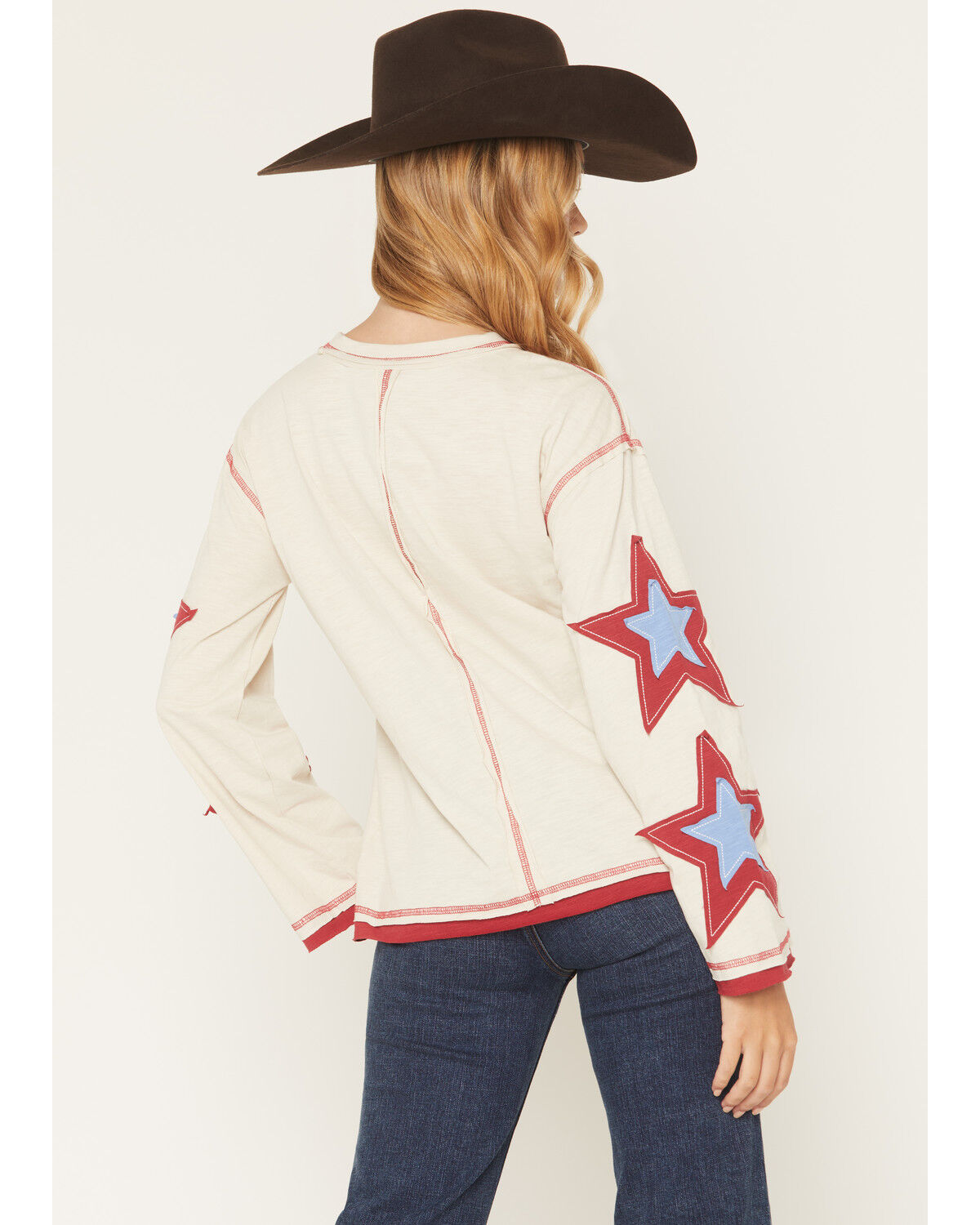 Image #4 - Blended Women's Long Sleeve Star Patchwork Top, Cream, hi-res