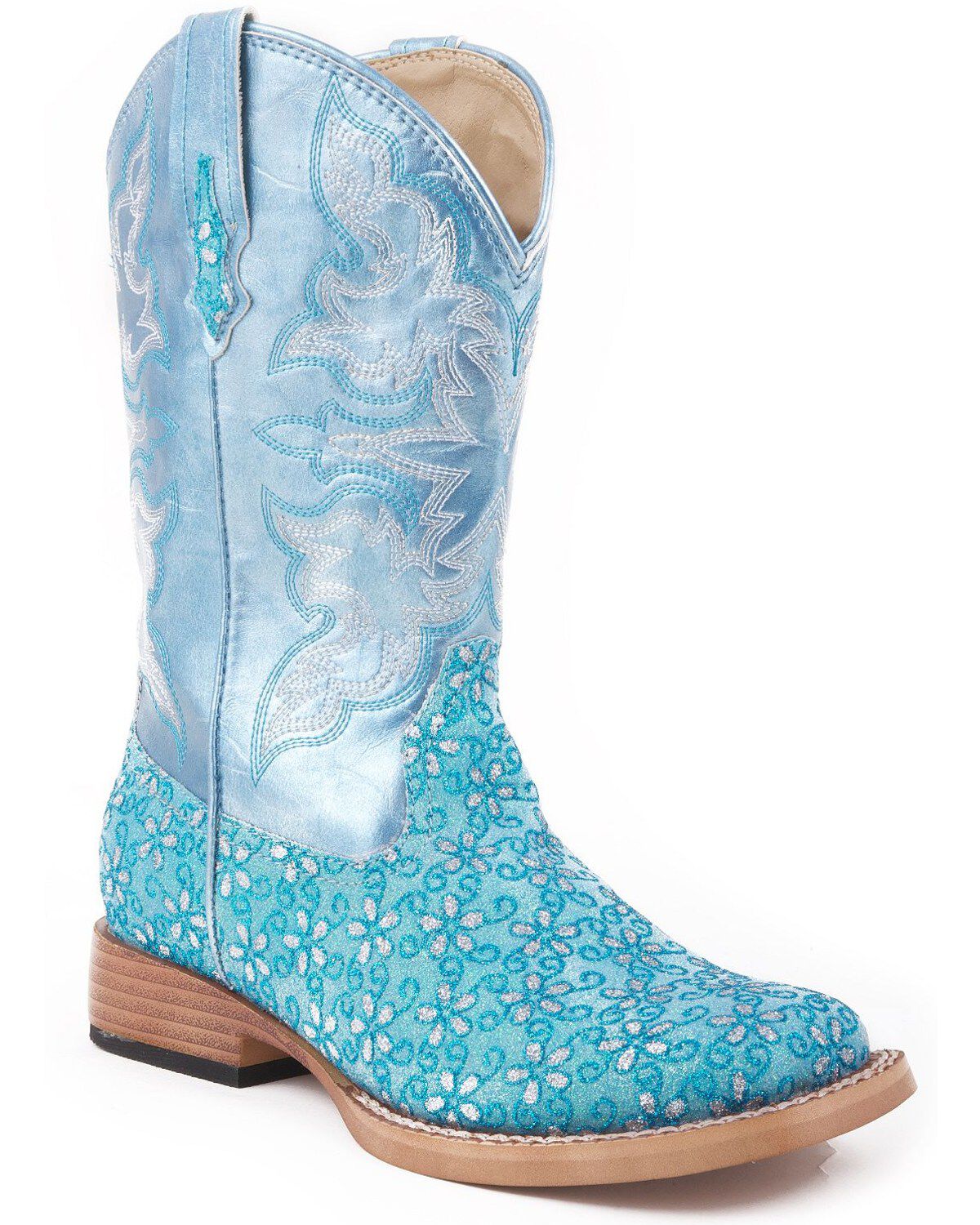 Image #1 - Roper Kid's Floral Glitter Western Boots, Blue, hi-res