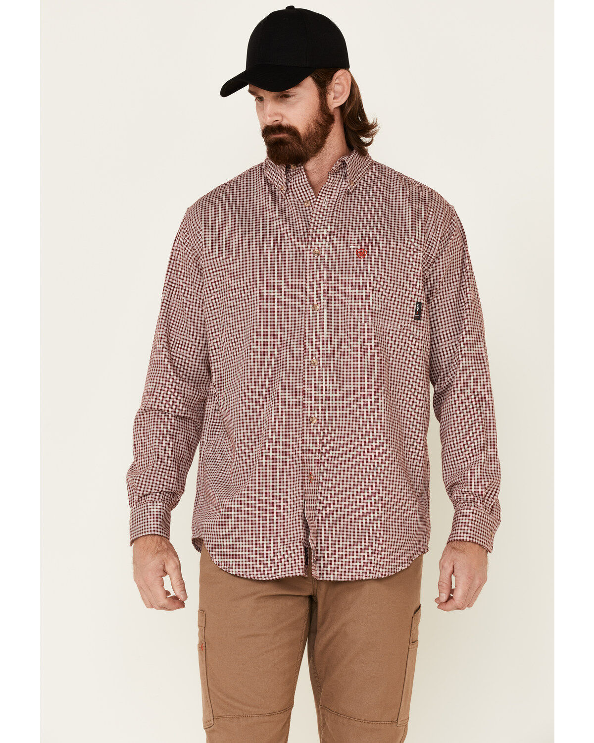 Ariat Men's FR Check Plaid Print Long Sleeve Button Down Work Shirt, Wine, hi-res