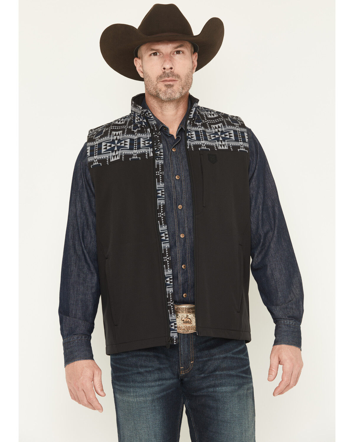 Image #1 - RANK 45&reg; Men's Cheneka Colorblock Southwestern Softshell Vest - Tall, Black, hi-res