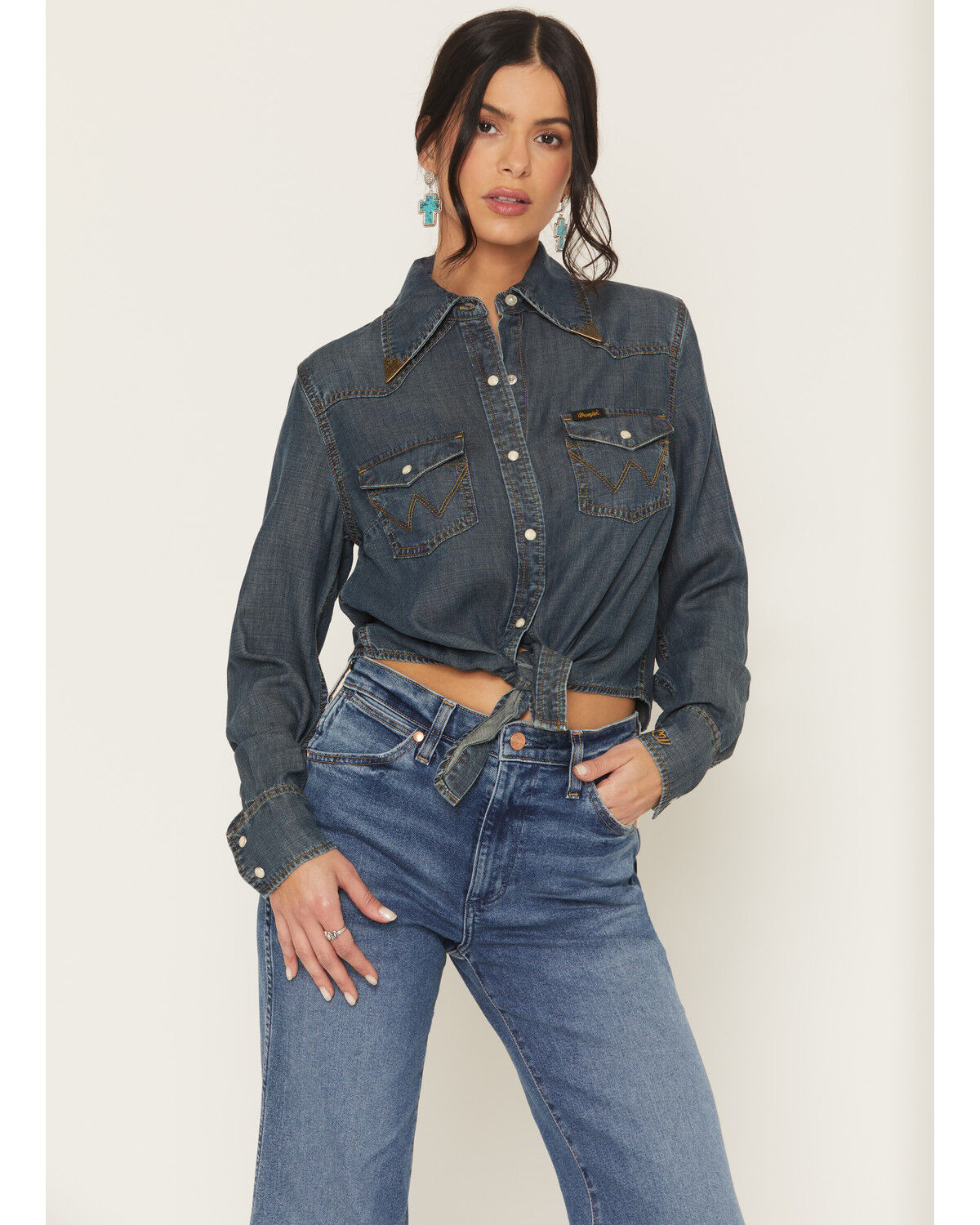 Image #1 - Wrangler X Lainey Wilson Women's Dark Wash Long Sleeve Snap Tie Front Western Shirt, Dark Wash, hi-res