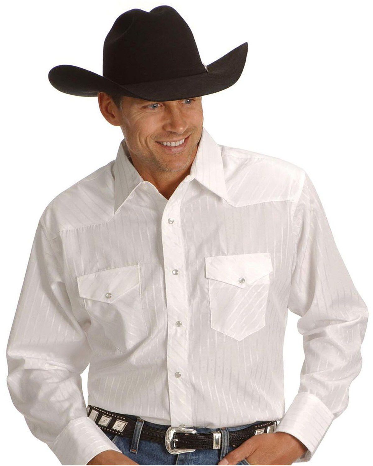 Image #1 - Wrangler Men's White Solid Dobby Long Sleeve Pearl Snap Western Shirt - Big & Tall, White, hi-res
