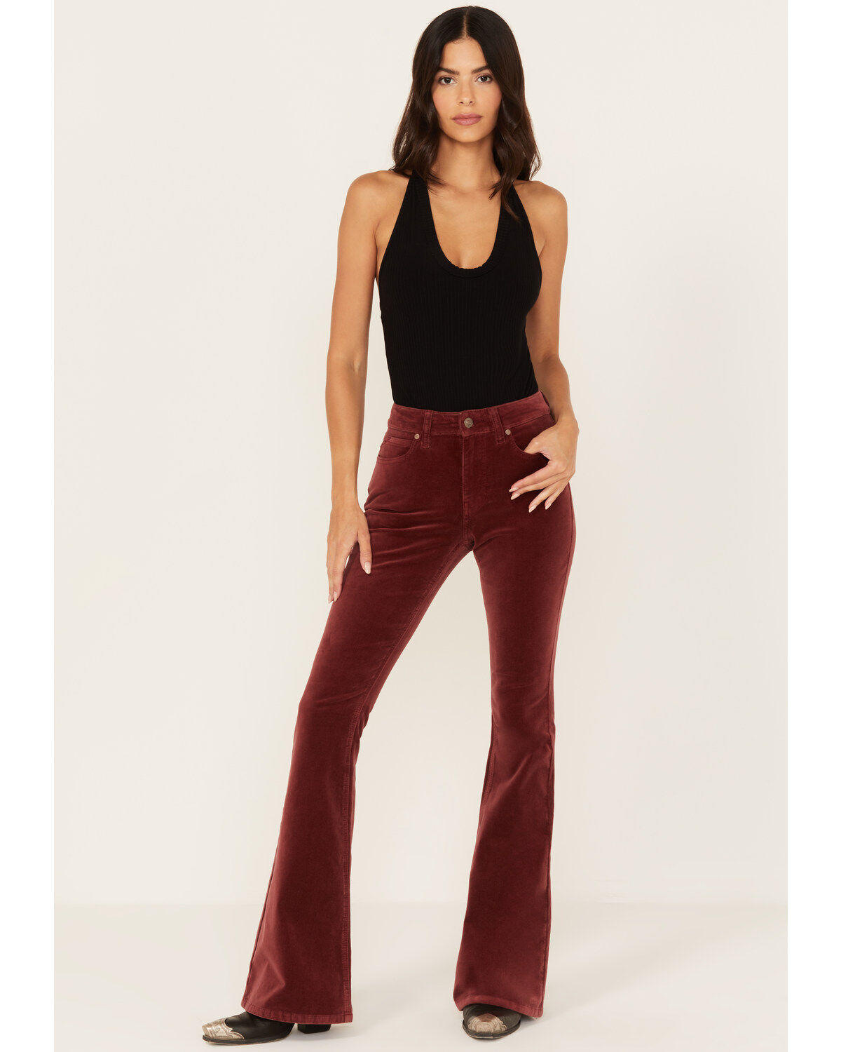 Shyanne Women's Syrah High Rise Velveteen Stretch Flare Jeans, Dark Red, hi-res