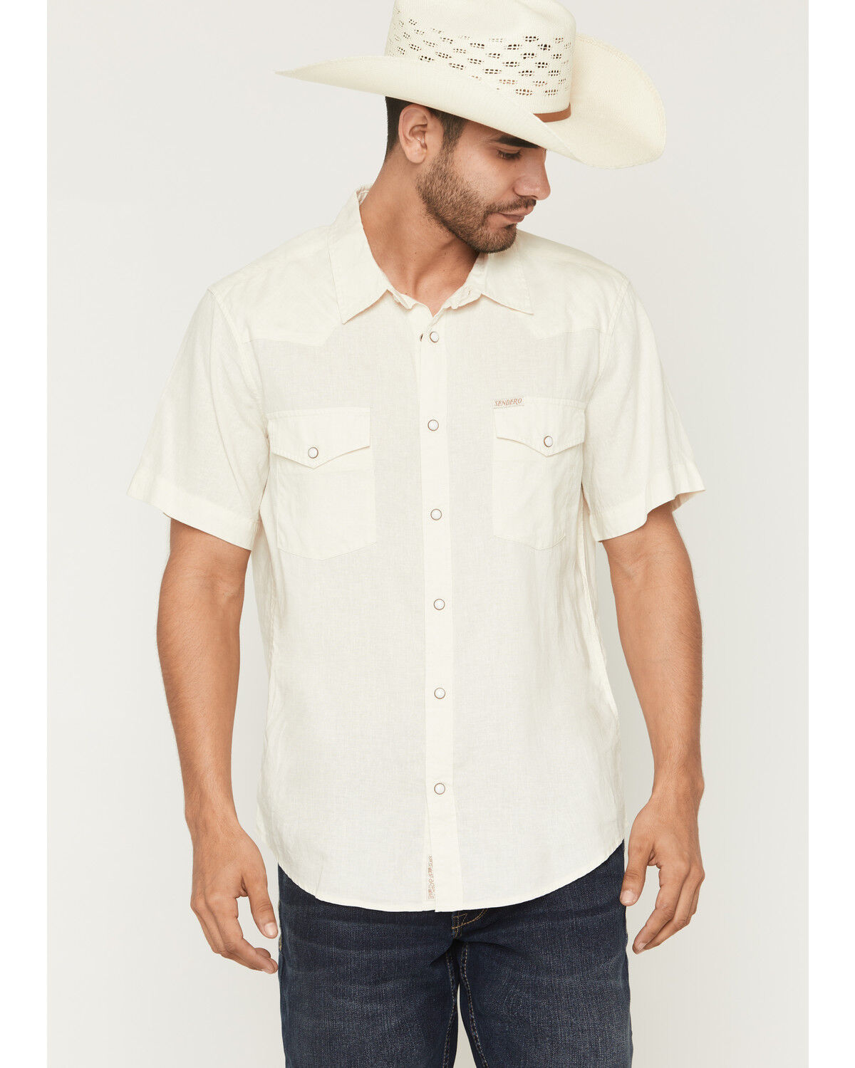 Sendero Provisions Men's The Wyatt Solid Short Sleeve Snap Western Shirt, Off White, hi-res