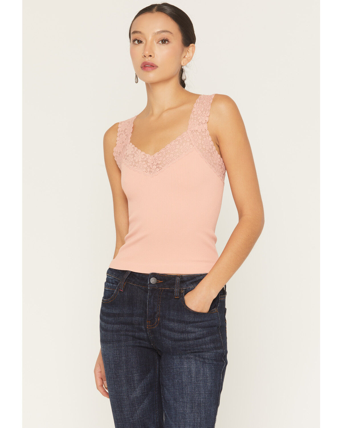 By Together Women's Seamless Lace Ribbed Tank, Rose, hi-res