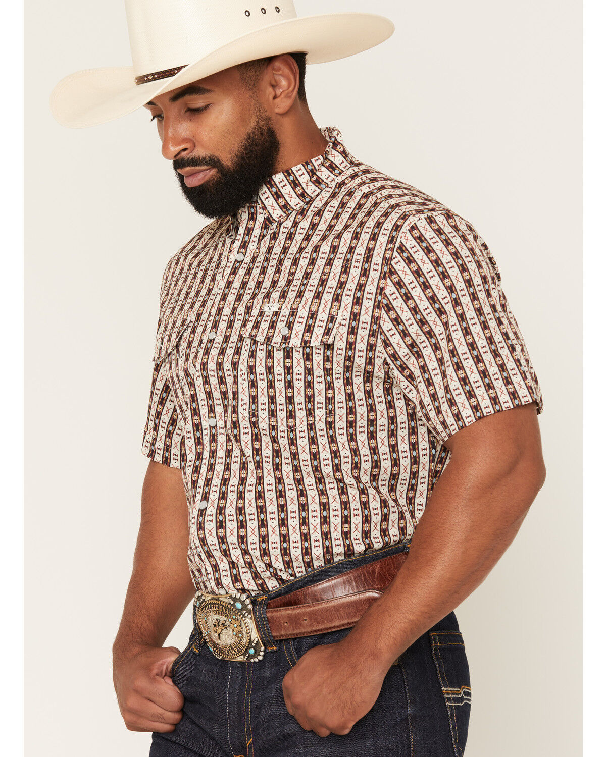 Image #2 - Ferrell Men's Tek Senior Southwestern Striped Print Short Sleeve Snap Performance Western Shirt, Brown, hi-res