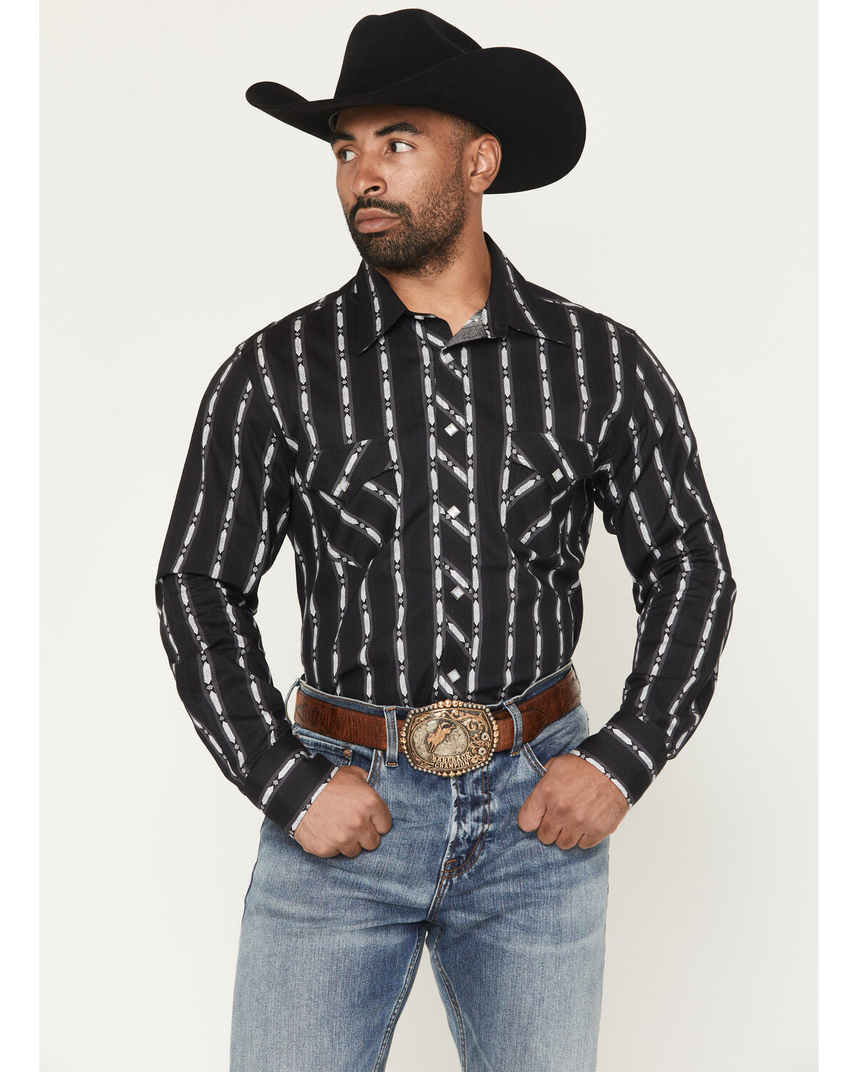 Rock & Roll Denim Men's Striped Print Long Sleeve Snap Stretch Western Shirt, Black, hi-res