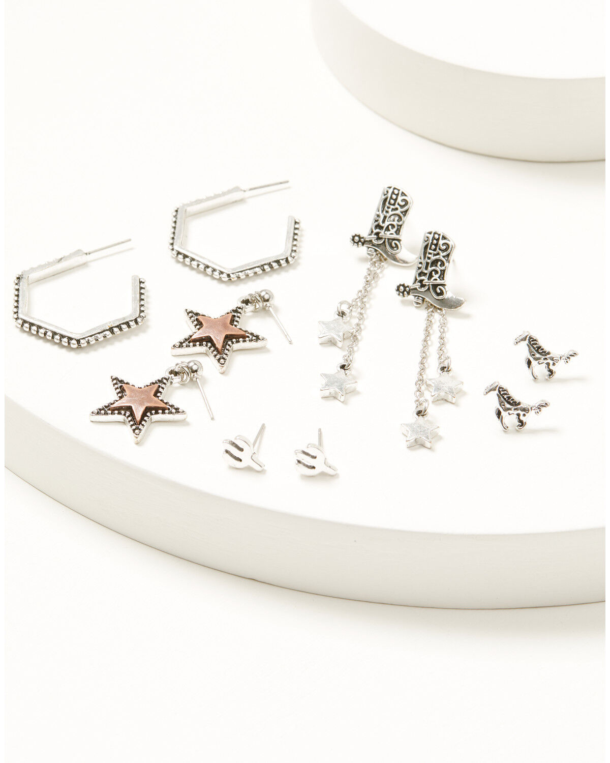 Image #1 - Shyanne Women's Boots, Horses, Cactus, and Stars Earring Set - 5 Piece, Silver, hi-res