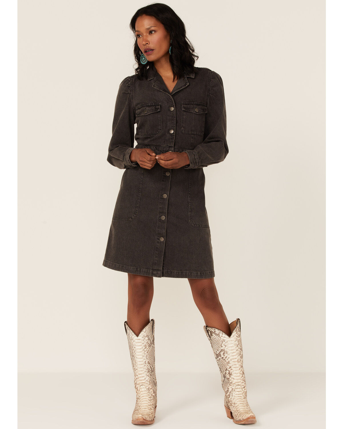 Image #1 - Velvet Heart Women's Long Sleeve Button-Down Denim Mini Dress, Black, hi-res