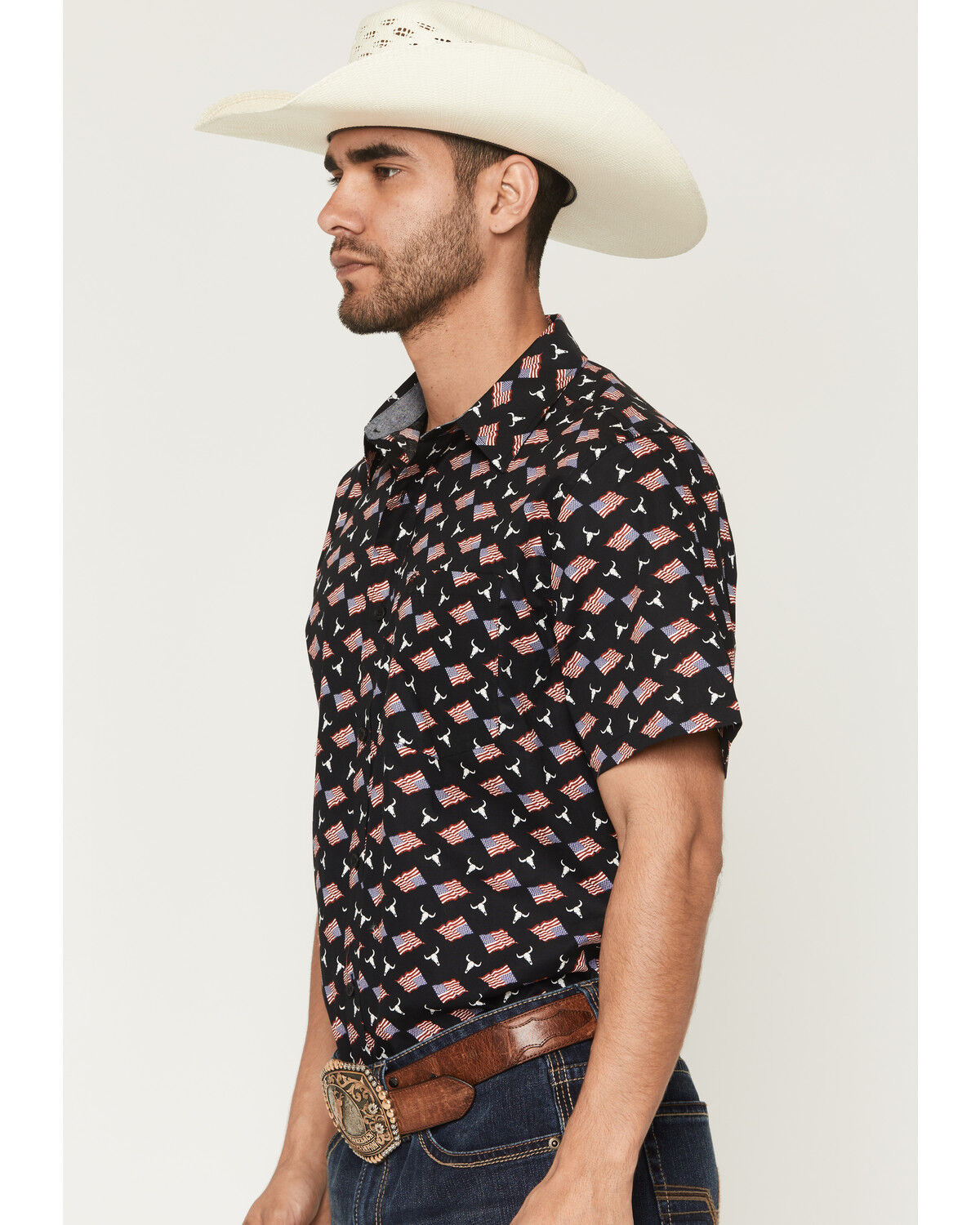 Image #2 - Cody James Men's Stars & Flags Short Sleeve Button-Down Stretch Western Shirt, Black, hi-res