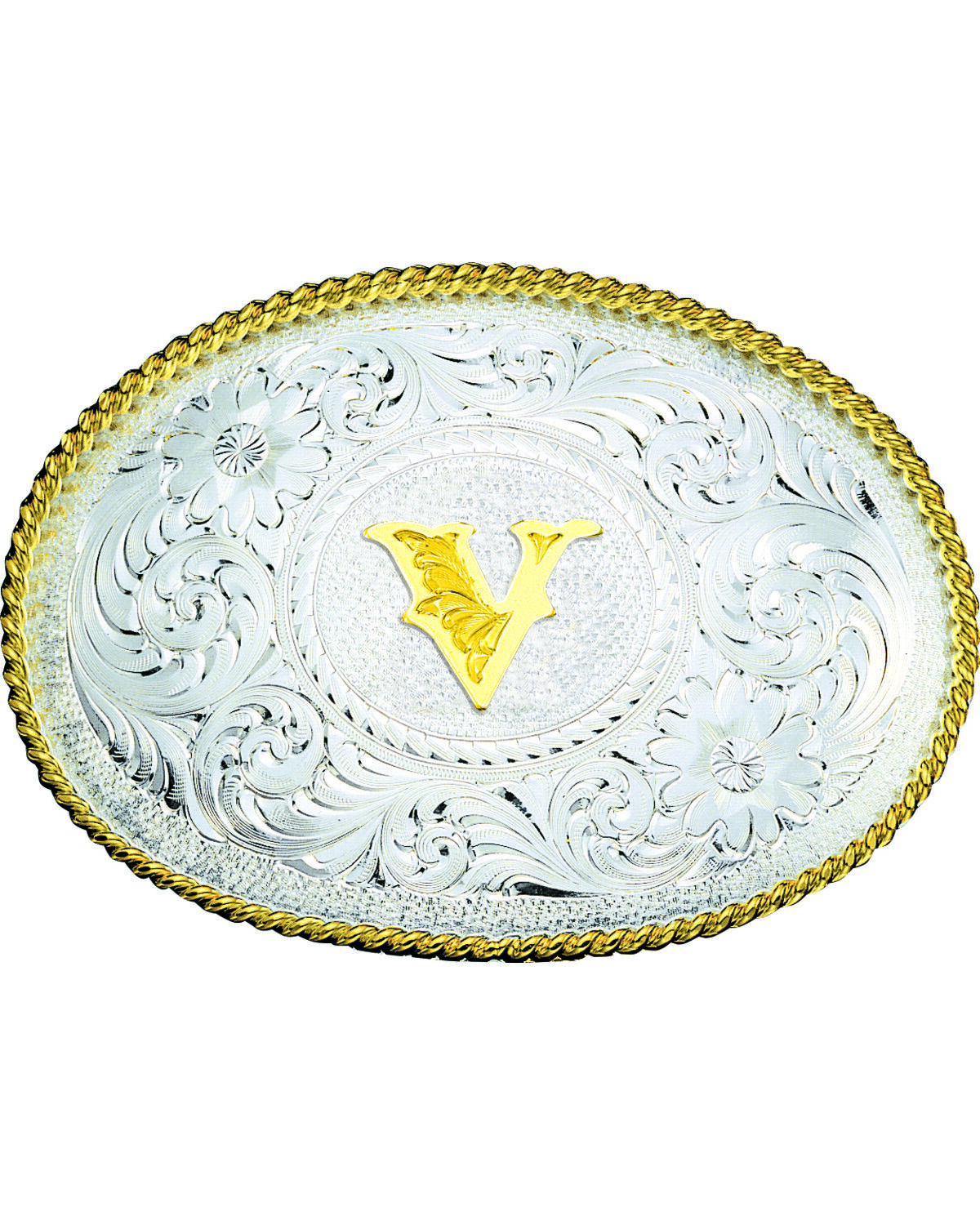 Montana Silversmiths Engraved Initial V Western Belt Buckle, Multi, hi-res