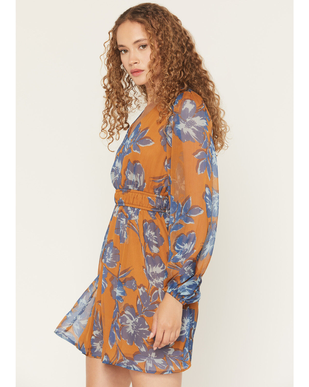 Image #2 - Shyanne Women's Floral Print Long Sleeve Chiffon Mini Dress, Pecan, hi-res