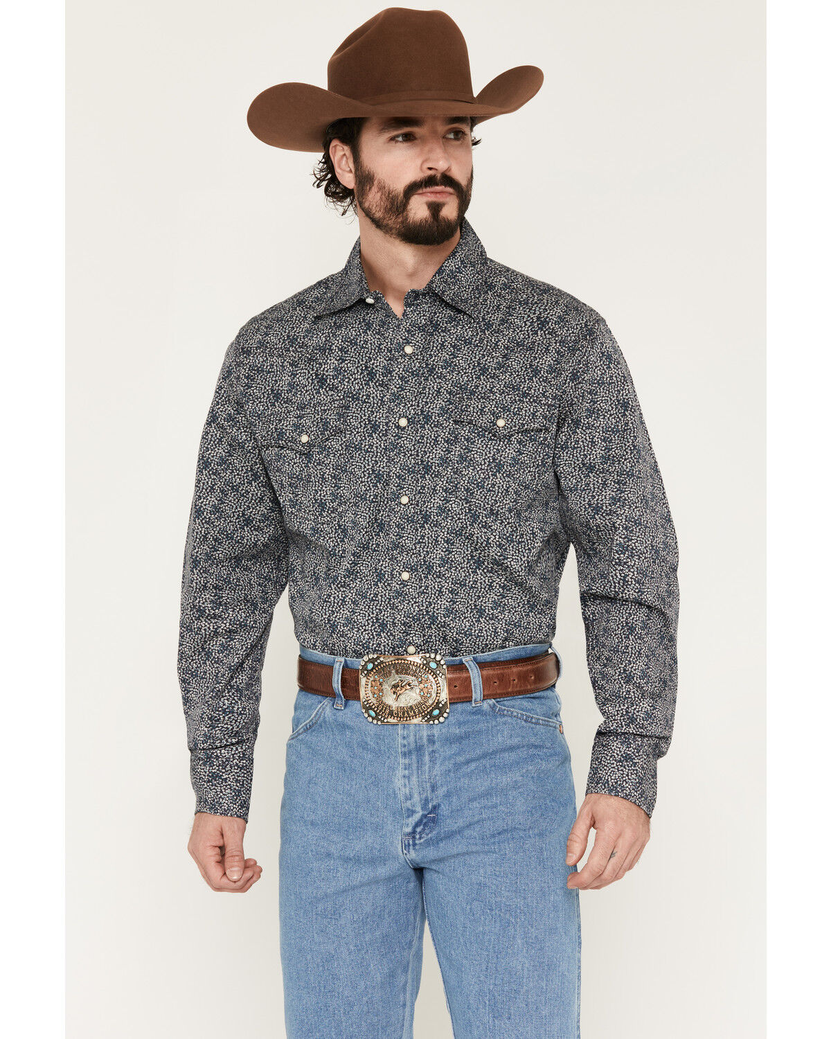 Wrangler Retro Men's Floral Print Long Sleeve Snap Western Shirt, Navy, hi-res