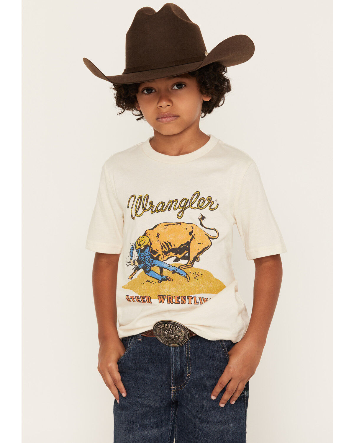 Image #1 - Wrangler Boys' Steer Wrestling Short Sleeve Graphic T-Shirt, Off White, hi-res