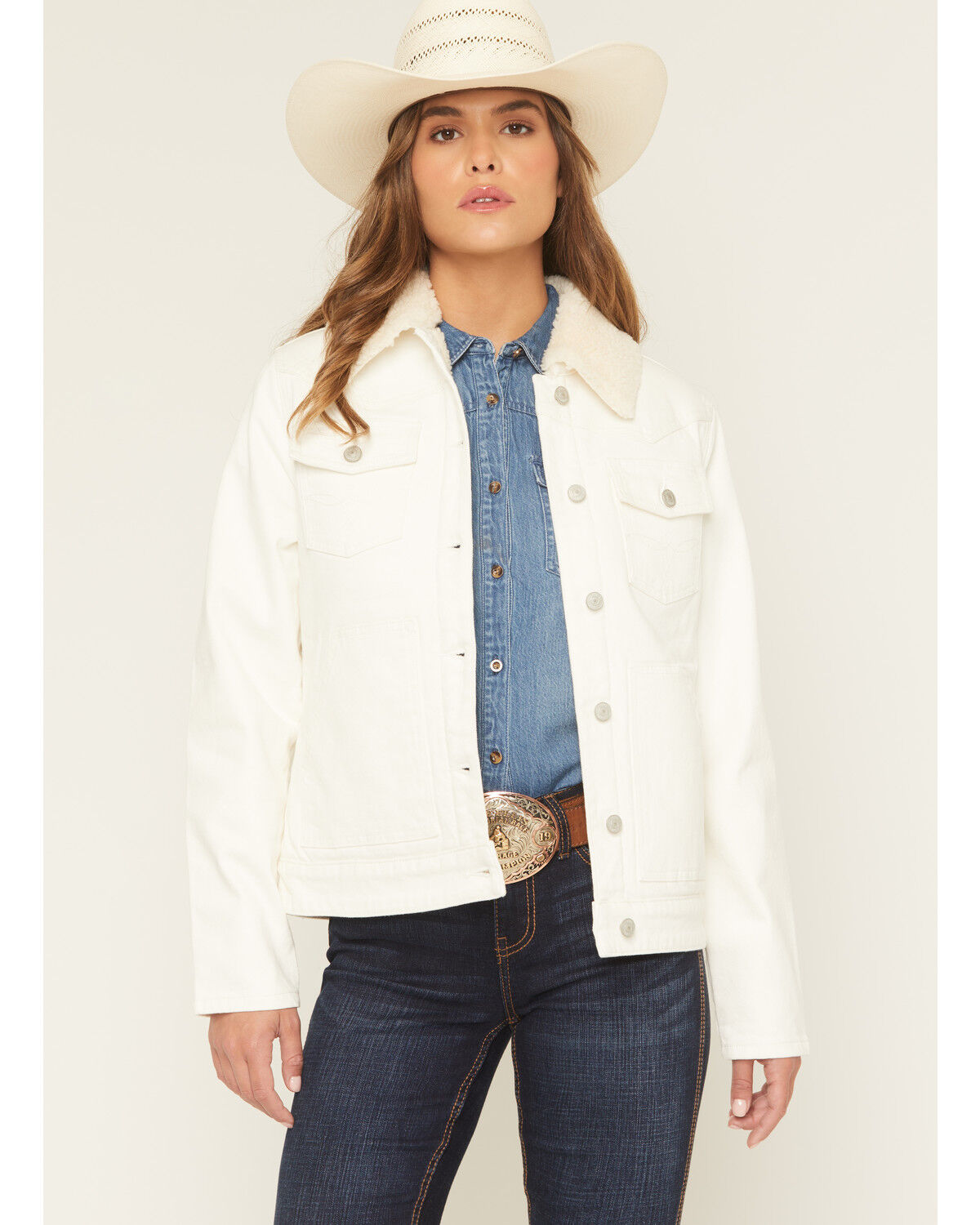Shyanne Women's Sherpa Lined Denim Jacket, Off White, hi-res