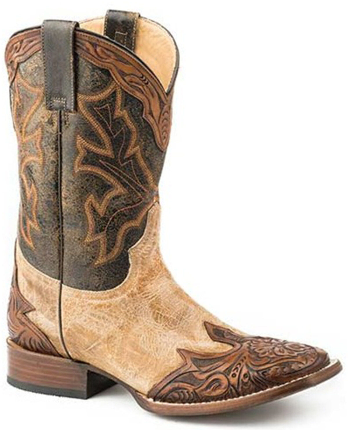 Stetson Men's Julian Cracked Tooled Wingtip Western Boots - Broad Square Toe, Tan, hi-res