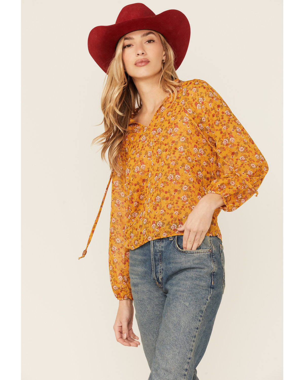 Wild Moss Women's Ruffle Neck Peasant Blouse, Mustard, hi-res
