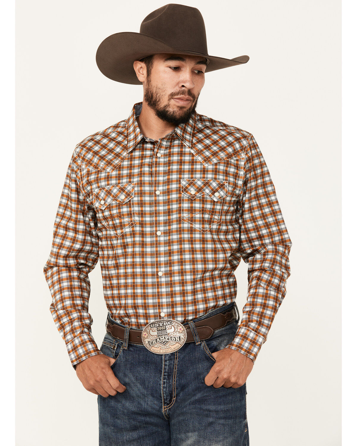 Image #1 - Cody James Men's Reverent Plaid Print Long Sleeve Snap Western Shirt, Rust Copper, hi-res