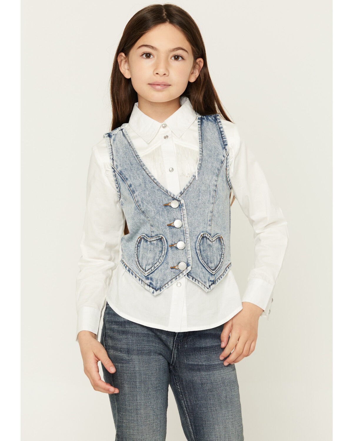 26 International Girls' Denim Heart Pocket Vest, Medium Wash, hi-res
