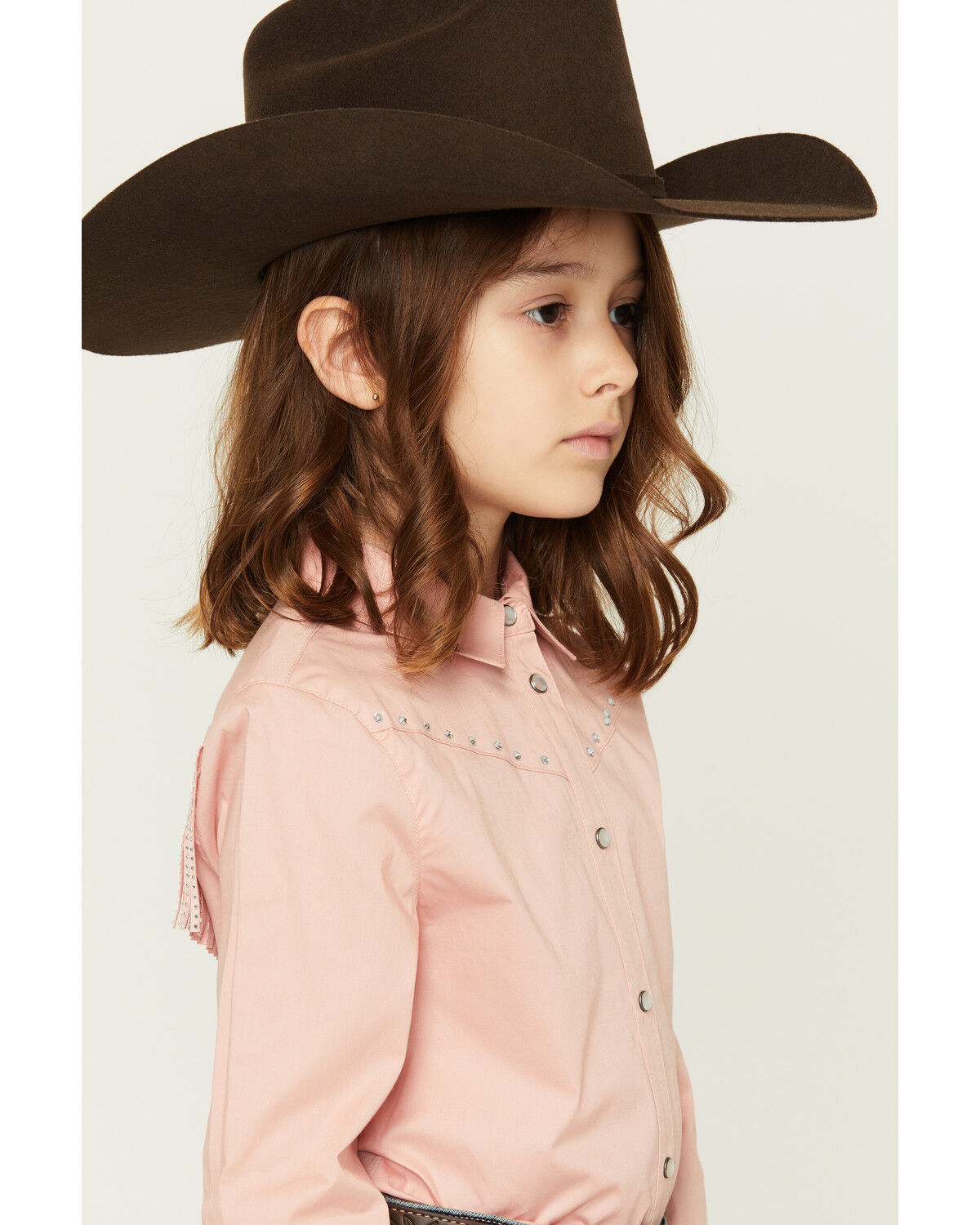 Image #2 - Shyanne Girls' Solid Rhinestone Fringe Long Sleeve Pearl Snap Stretch Western Shirt, Light Pink, hi-res