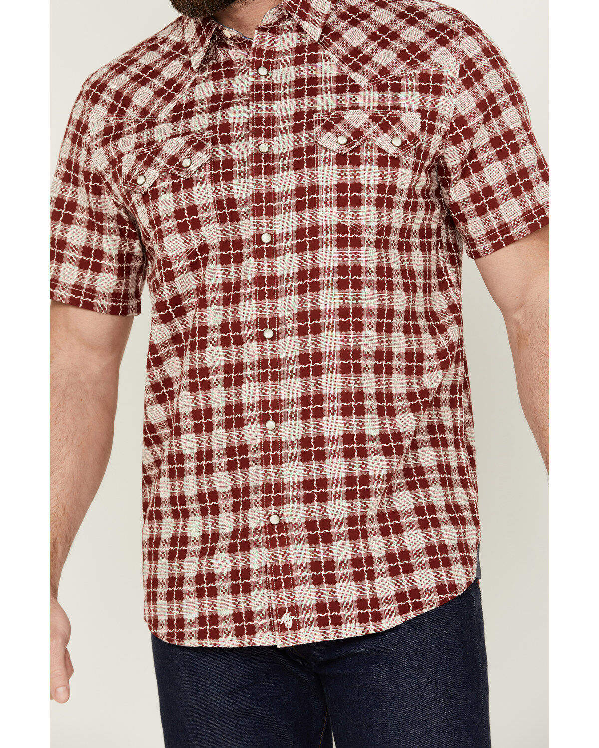 Image #3 - Moonshine Spirit&reg; Men's Legend Plaid Print Short Sleeve Snap Western Shirt, Burgundy, hi-res