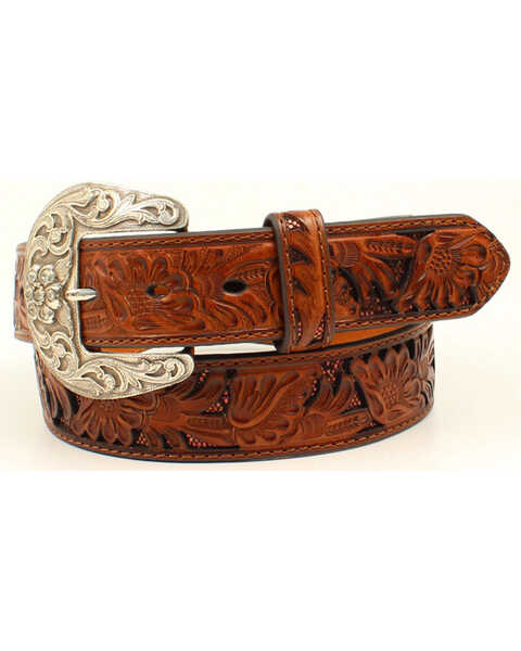 Nocona Women's Sequin Underlay Floral Embossed Leather Belt, Brown, hi-res