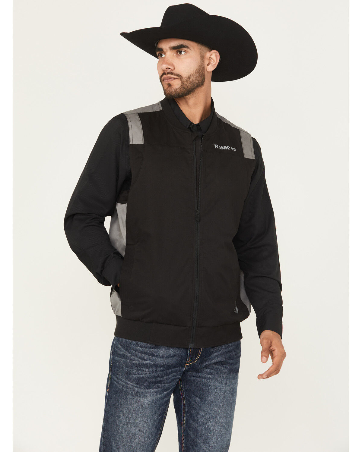 RANK 45&reg; Men's Starburst Bomber Vest, Black, hi-res
