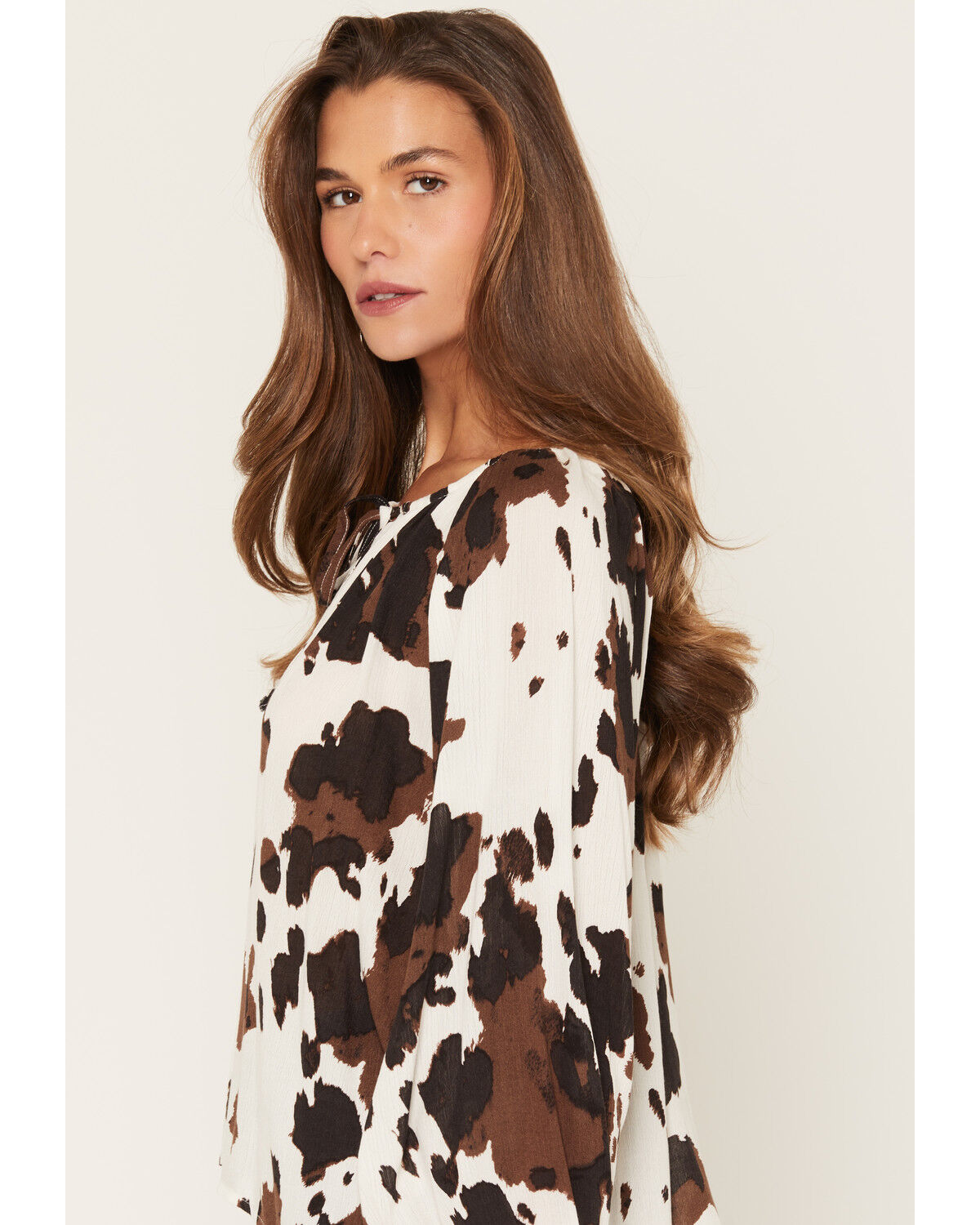 Image #2 - Wild Moss Women's Cow Print Long Sleeve Peasant Top, Brown, hi-res